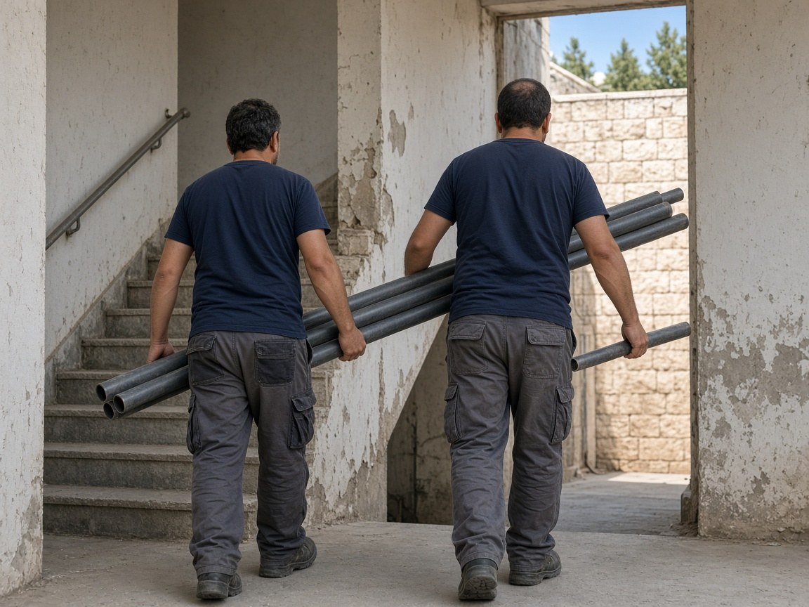 Haifa Pipe crew with kit at a Haifa doorway