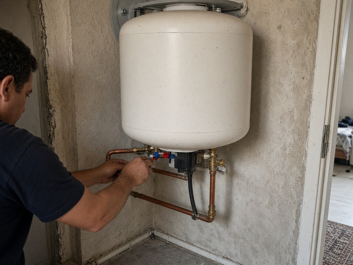 Domestic water heater on a stand with isolation valves