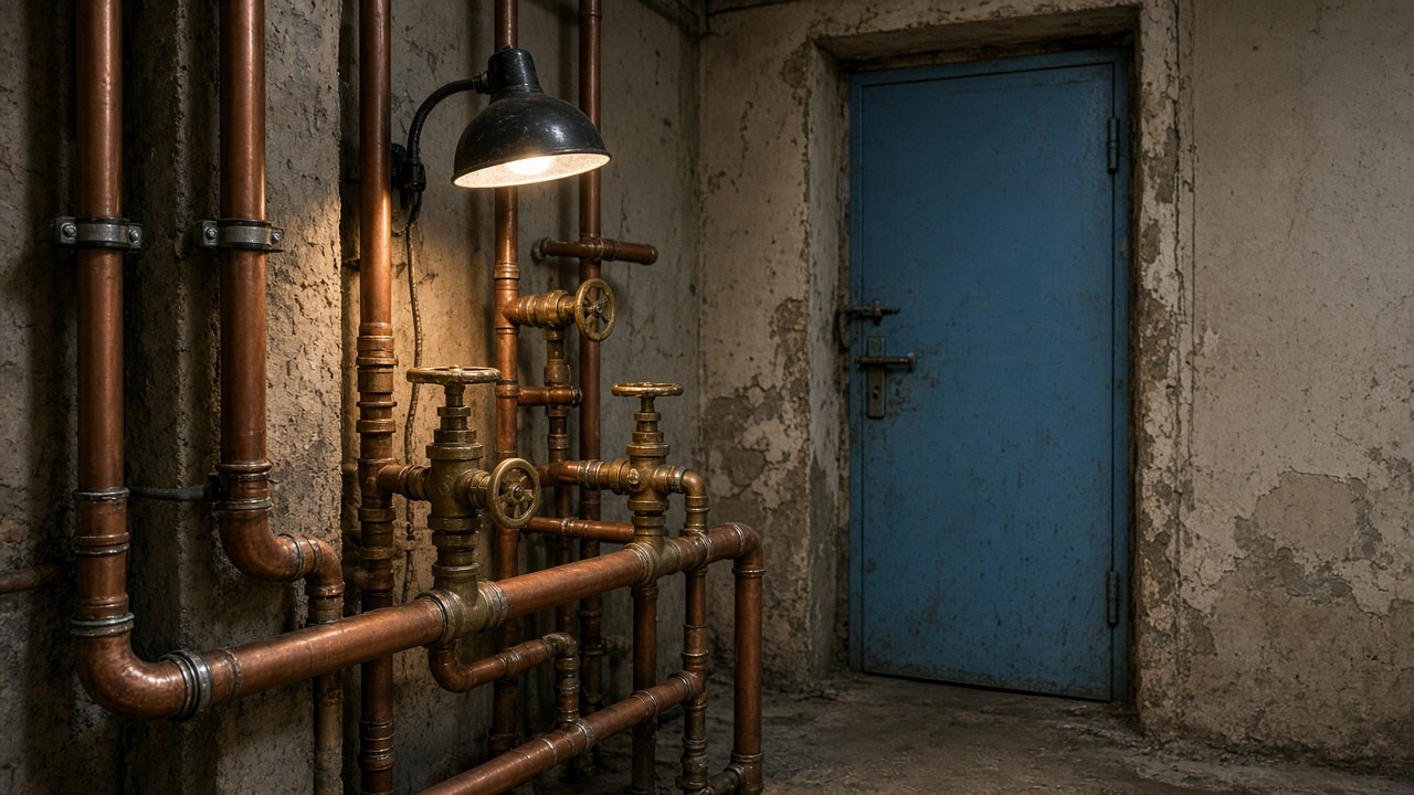 Copper and blue pipework on the Haifa Pipe bench at the port