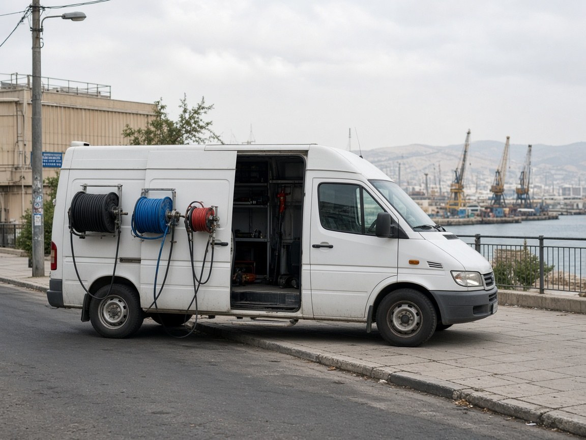 Haifa Pipe van parked on a Carmel slope street